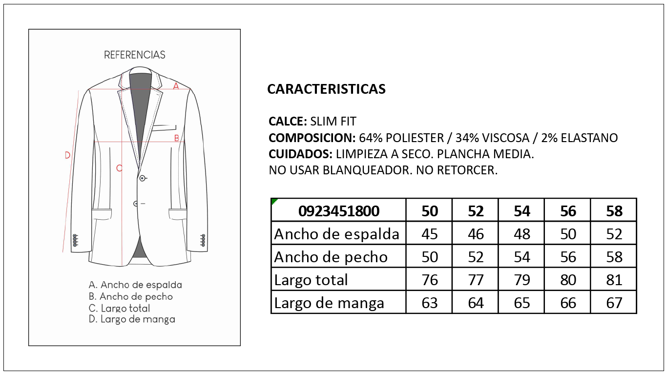 Tabla de Talles Saco Sastrer&iacute;a Hombre Britches